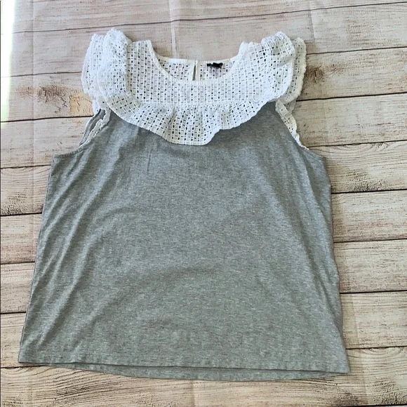 J Crew Gray and White Lace Trim Top - Picture 2 of 7